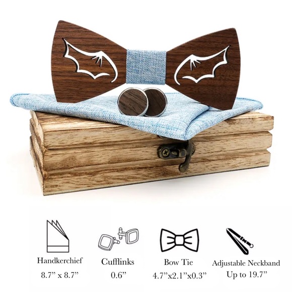 Handmade Wood Batwing Butterfly Bow Tie Cufflinks Blue Pocket Square Set - Picture 16 of 16